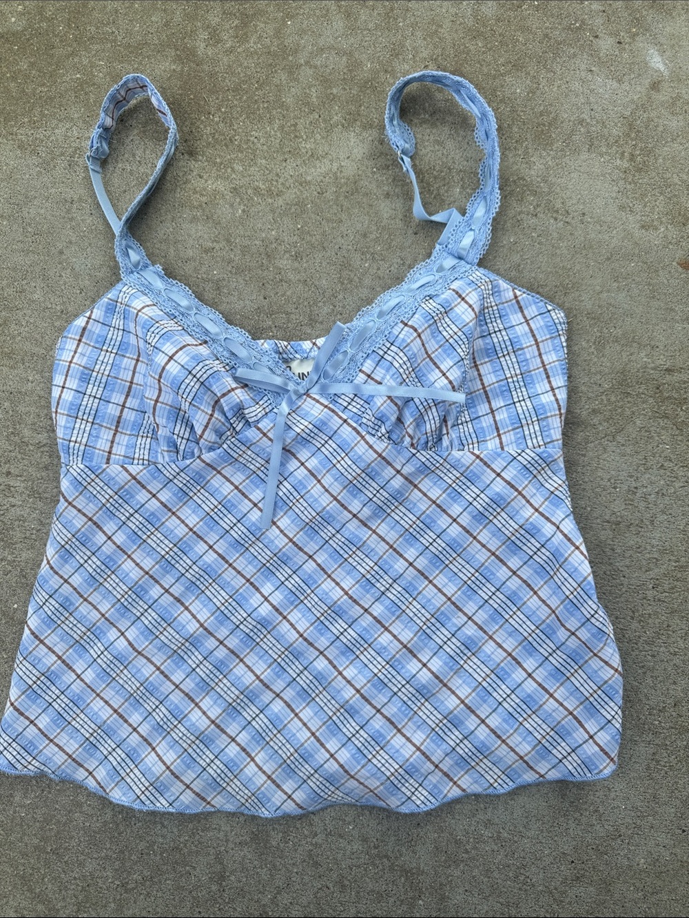 No Boundaries Light Blue Plaid Lace-Trim Sleep Cami